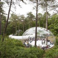 Mitten auf einer Waldlichtung stehen zwei große Luftgefüllte Blasen, um mehrere Bäume herum oder sie einbeziehend. In der größeren Blase sitzen viele Personen und lauschen drei Musikern.