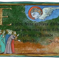 Ein Gemälde, wie eine alte Tafel einem Zitat aus der Bibel und Personen, die zu einem Engel bzw. dem verstorbenen Jesus sprechen.